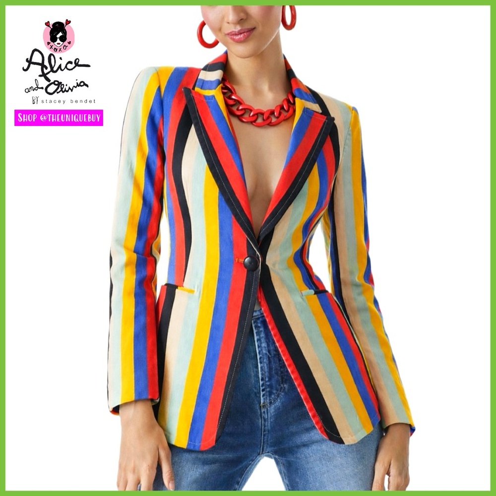 Alice + Olivia Breann Boheme Striped Denim Jeans Red Multi Fitted Blazer Jacket